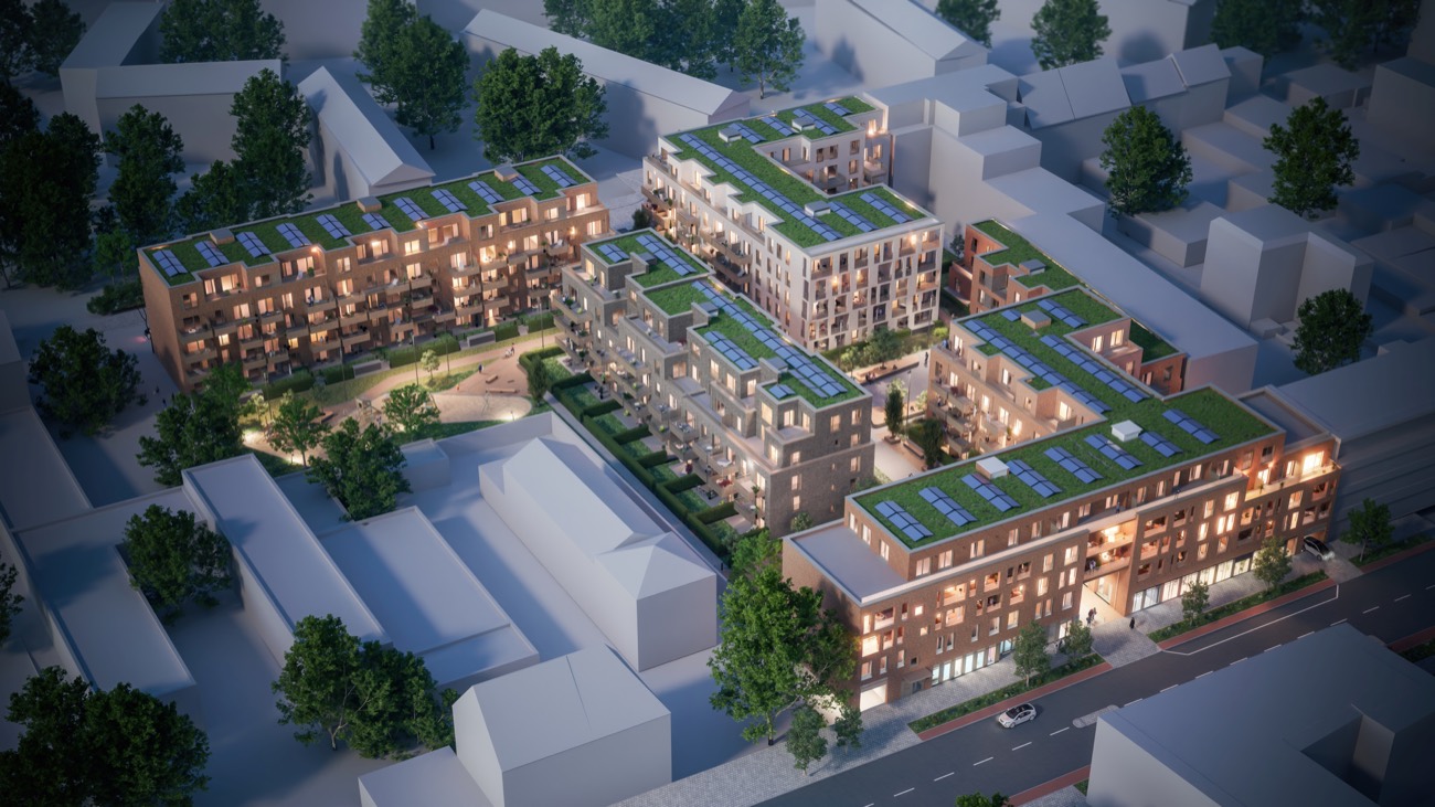 Luftbild des ZOHO-Quartiers mit begrünten Dächern und Innenhöfen